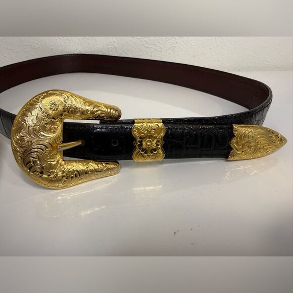 Vintage Chacon Black Alligator Belt Al Beres German Silver Buckle Size 36